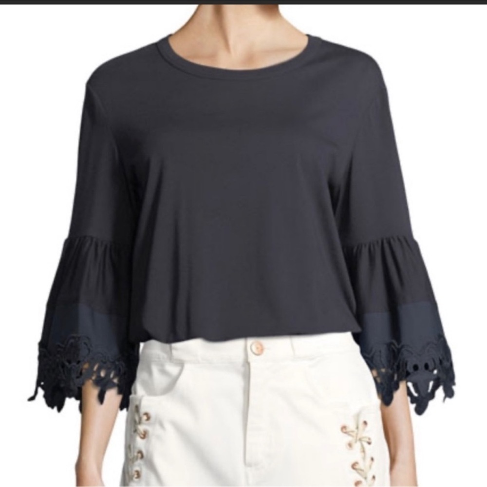 See By Chloe Ultra Marine Blouse Flare Sleeve Eyelet Aplique Trim